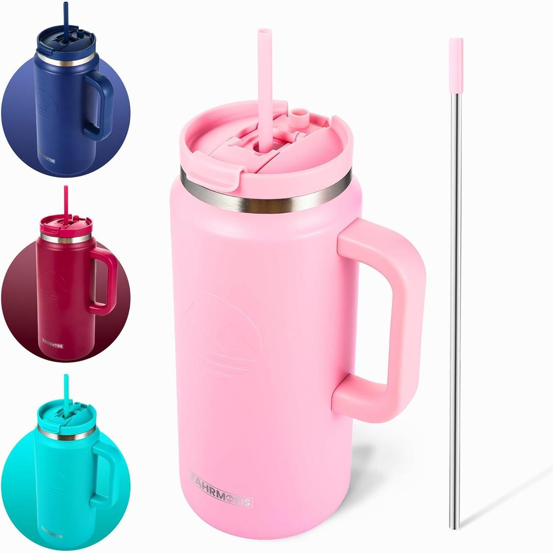 64 Oz Tumbler with Handle and Straw Half Gallon Water Bottle Stainless Steel Travel Mug for Hot & Cold Drinks, Reusable Water Bottle with Lids and Straw - Pink
