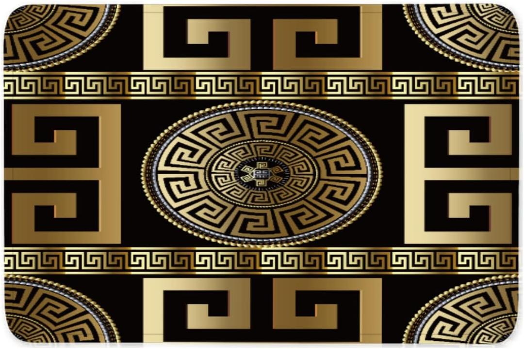 Retro Black Gold Greek Key Meander Luxury Bath Mat, 3D Geometric Gold Print Bathroom Rug Non Slip Absorbent Doormat with Rubber Backed for Shower Buthtub Kitchen Sink Home Decor16 x24