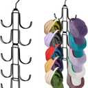 Hat Organizer for Closet, Collapsible Metal Caps Rack with 10 Large Hooks, Holds Up to 40 Baseball Caps, Rotatable Space Saving Hat Hanger for Closet Organizers and Storage, Black