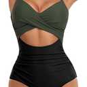 Eomenie Women's One Piece Swimsuits Tummy Control Cutout High Waisted Bathing Suit Wrap Tie Back 1 Piece Swimsuit (XX-Large, Green Black)