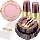 Burgundy and Gold Plastic Plates, Disposable Dinnerware Set for 25 Guests. 150pcs