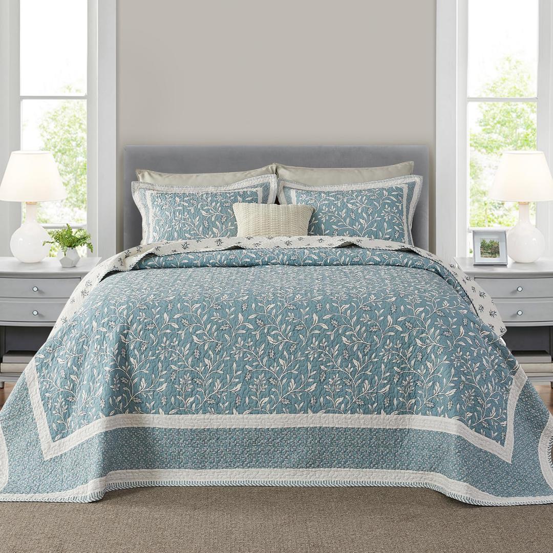 FineStichery Oversized Quilt Bedspread Coverlet Set, 102"x120" 100% Cotton Extra Large Quilt, Botanical Pattern, Lightweight Quilted Reversible Bedding Set with 2 Pillow Shams, Teal/Beige