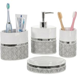 Creative Scents Mirror Damask Bathroom Accessory Set Complete  Decorative 4 Piece White and Gray Bathroom Set Includes: Soap Dispenser, Soap Dish, Toothbrush Holder and Tumbler