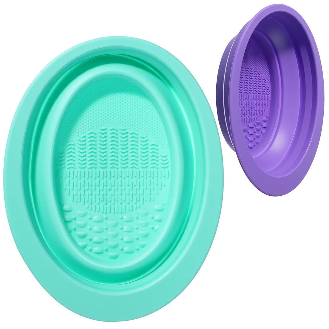 2PCS Brush Cleaning Mat, Foldable Makeup Brush Cleaning Pad, Silicone Makeup Brushes Cleaner Bowl, Portable Make Up Brushes Cleaner Pad, for Powder Puffs, and Sponges