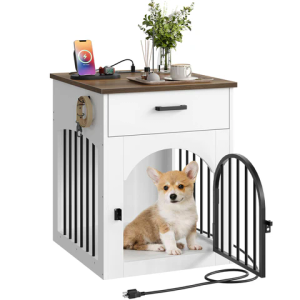 CHOEZON Dog Crate Furniture, Wooden Dog House with Charging Station and Storage Drawer, Indoor Pet Crate End Table for Small Breeds, for Living Room, Bedroom, White and Walnut MGW01UWL