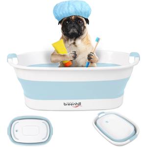 Collapsible Dog Bath Tub for Small Dogs & Cats, Portable Puppy Bath Tub with Water Drain Plug, Space Saving Foldable Pet Bathtub for Indoor & Outdoor Use, Blue