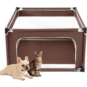 EHEYCIGA 42x42x26 Inches Puppy Playpen Without Top Cover for Dogs & Cats Indoor or Outdoor - Dog Playpen with Door, Dog Fence for Small Animal with Heavy-Duty Oxford & Steel Frame, Brown