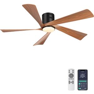 Ohniyou 52 Flush Mount Farmhouse Ceiling Fan with Lights, Remote & APP Control Low Profile Indoor Outdoor Ceiling Fans, Dimmable, Quiet DC Motor, Reversible, Black+Wood Color