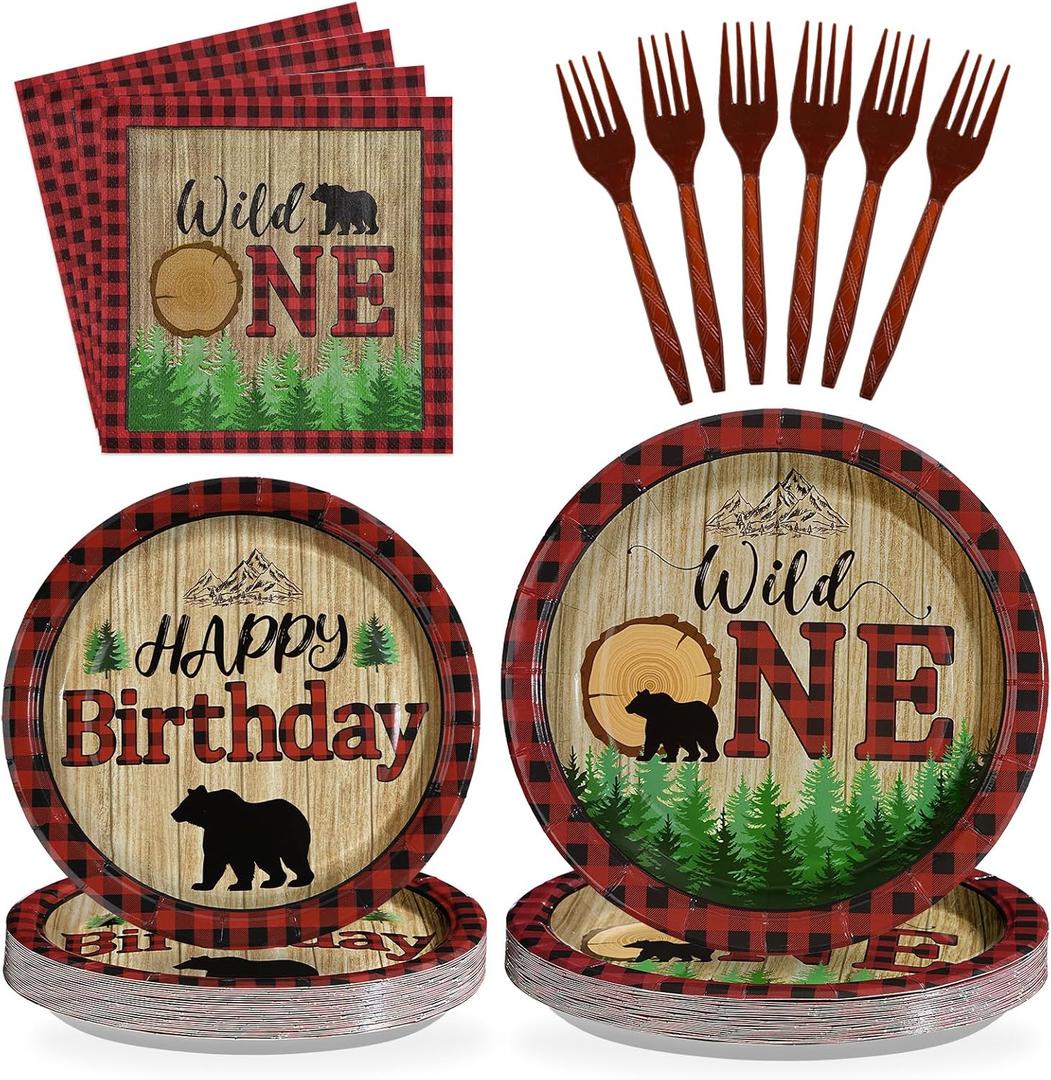 96Pcs Lumberjack Birthday Decorations Buffalo Plaid Lumberjack First Birthday Plates Disposable 350GSM Wild One Bear Woodland Tableware Set for Camping Hunting Party Baby Shower Decor, Serves 24