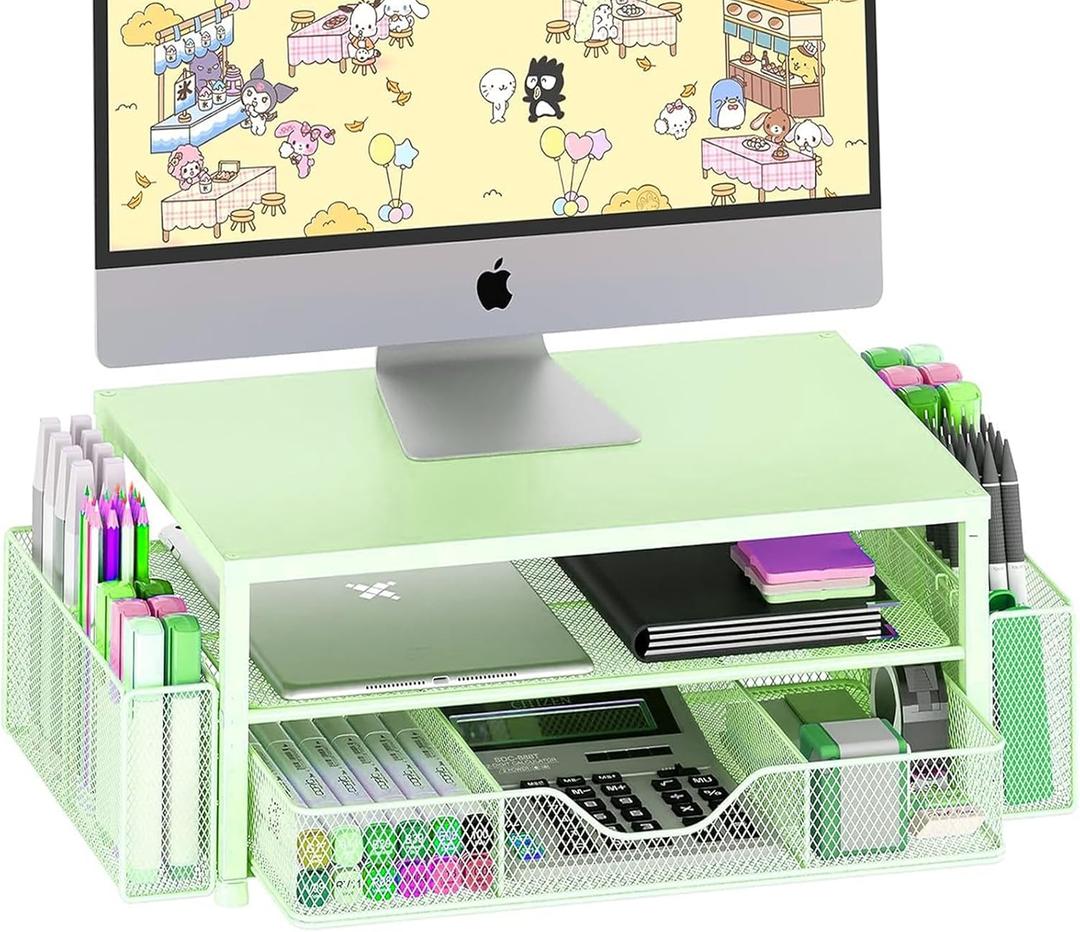 OPNICE Desk Organizers and Accessories, 2-Tier Computer Monitor Stand Riser with Drawer and 2 Pen Holders, Laptop Stand, Office Desk Accessories for Office Supplies, Green