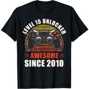 Level 15 Unlocked Awesome Since 2010 Video Gamer 15 Birthday T-Shirt (Small, Black)