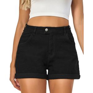 VIPONES Denim Shorts Women Stretchy High Waisted Fold Hem Jean Shorts 3.5 Inch Inseam Casual Summer Hot Shorts (Black, L)
