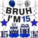Kuxriox 11Pcs 15th Birthday Decorations for Boys Men, Blue Sliver Happy 15th Birthday Banner, Bruh I'm 15 Balloons Centerpieces Swirls Party Supplies, Fifteen Bday Banner Ceiling Table Topper Sign