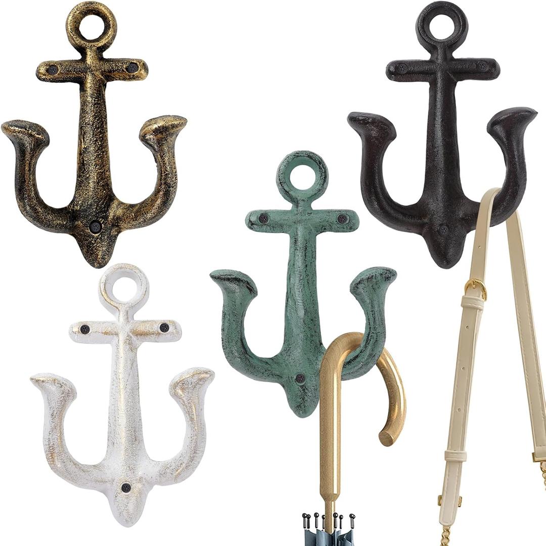 Notakia Decorative Wall Mounted Antique Shabby Chic Metal Home Bathroom Towel Coat Hooks Hanger, Vintage Rustic Cast Iron Wall Hooks (Large Nautical Towel Hooks 4Pcs) (Large Size Mixed Color 4Pcs)