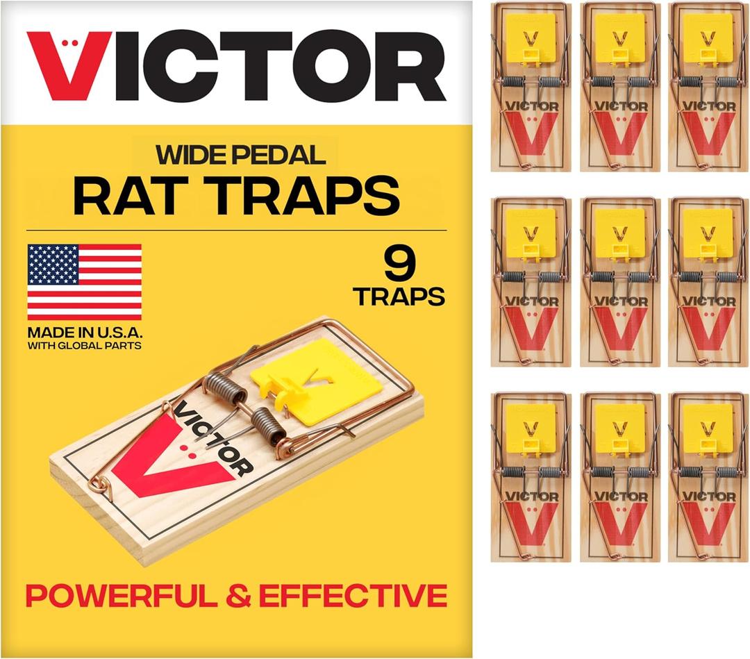 Victor M205-9 Wide Plastic Pedal Sustainably Sourced FSC Wood Humane Snap Rat Traps - 9 Wooden Traps