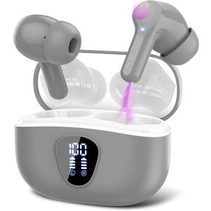 Wireless Earbuds, Bluetooth 5.4 Headphones HiFi Stereo, Bluetooth Earbuds with ENC Noise Cancelling Mic, IP7 Waterproof in Ear Earphones, 48H, LED Display Ear buds for Pad Workout Sports, Light Gray
