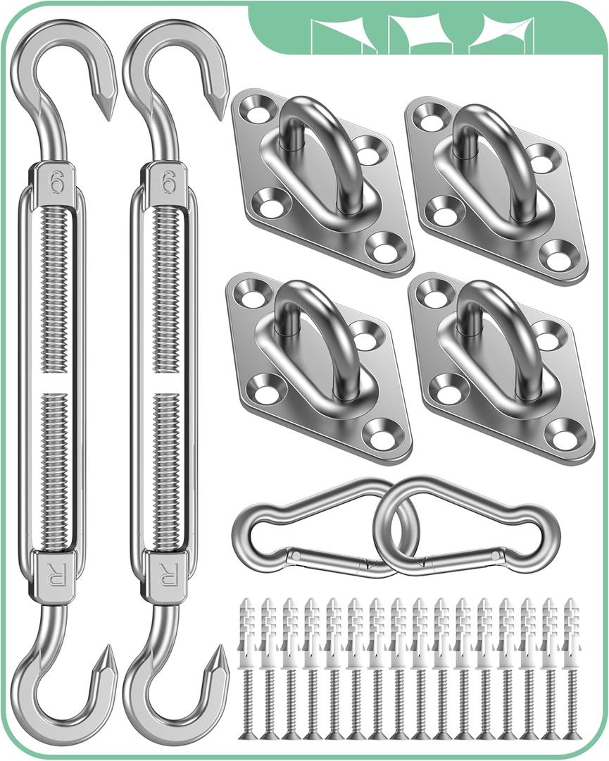 Sun Shade Sail Hardware Kit: Triangle Rectangle Shade Sail Hardware Kit Heavy Duty, M6 Turnbuckles for Shade Sail Pad Eye Sun Shade Hooks, Patio Garden Sun Shade Sail Canopy Hardware Installation Kit (Silver)