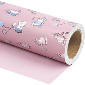 WRAPAHOLIC Reversible Wrapping Paper - Mini Roll - 17 Inch x 33 Feet - Cute Cats Design and Solid Pink Design for Birthday, Holiday, Baby Shower