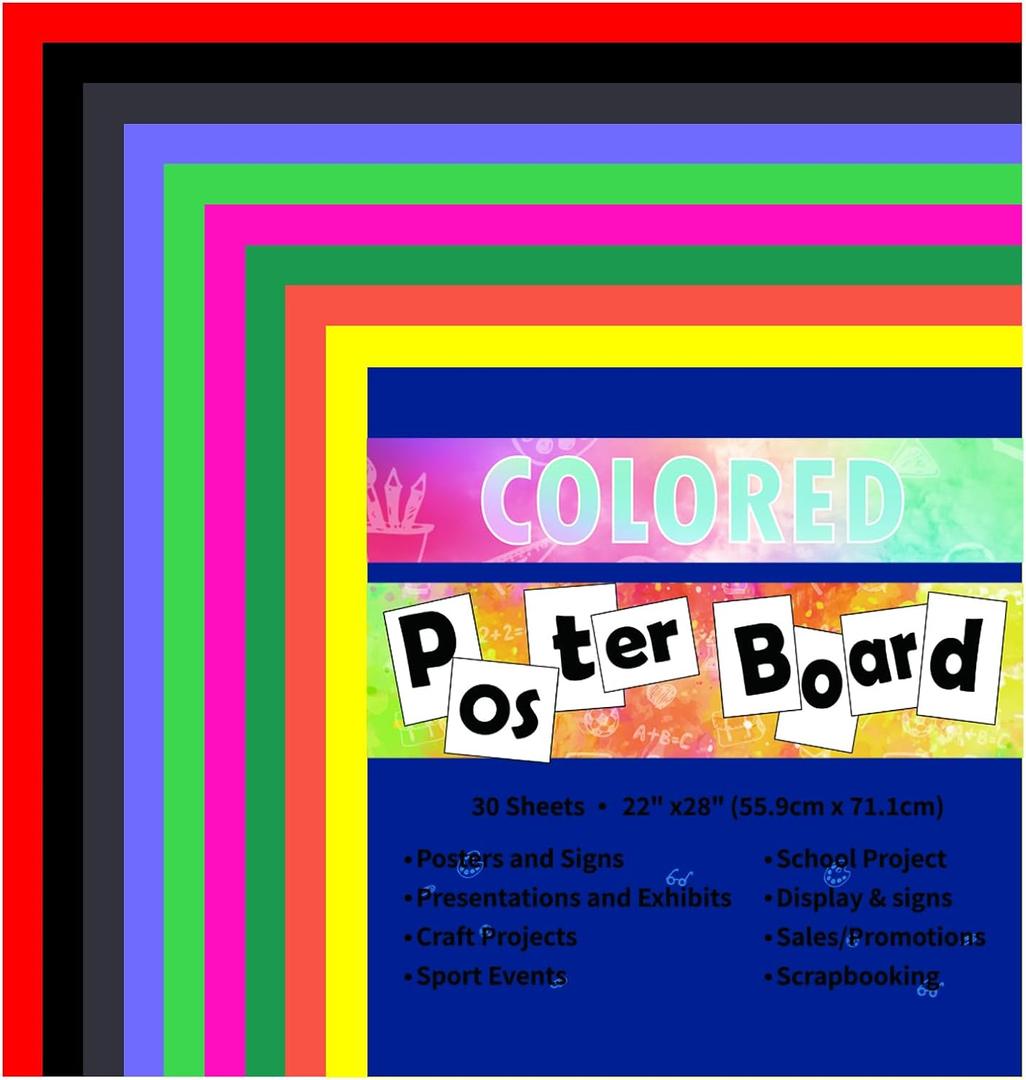 Neon Poster Board 30 Sheets- 22x28-Inch Double-Sided Color Cardstock Paper,Ideal for Signs,Crafts,Projects - 10 Assorted Colors in Bulk Pack,Three of each color
