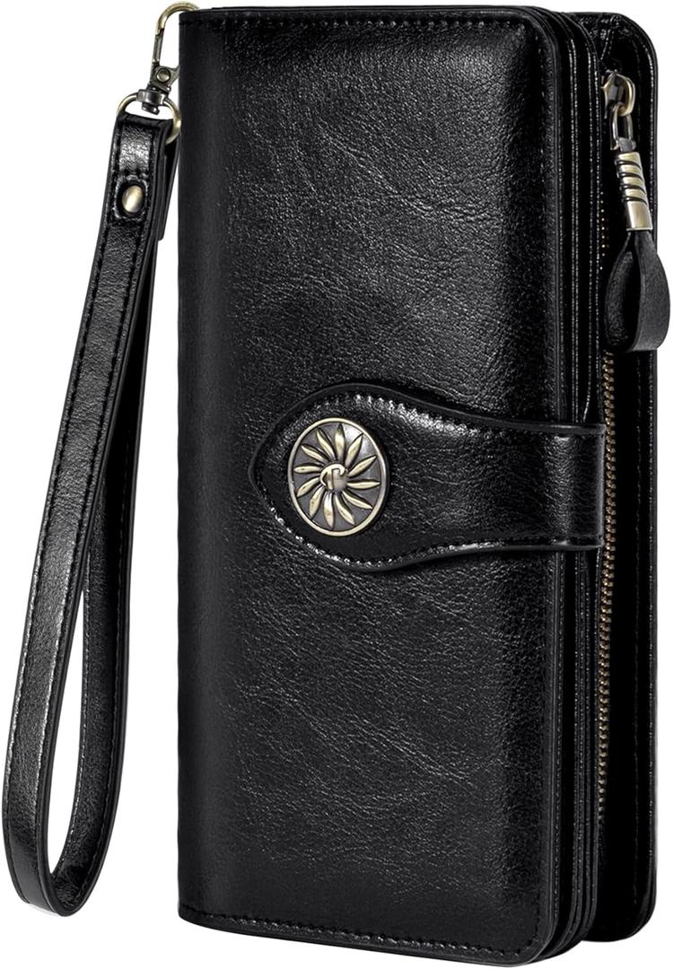 Travelambo Women's Wallet RFID Blocking Credit Card Holder Large Capacity Wristlet Leather Wallets Purse (Black)