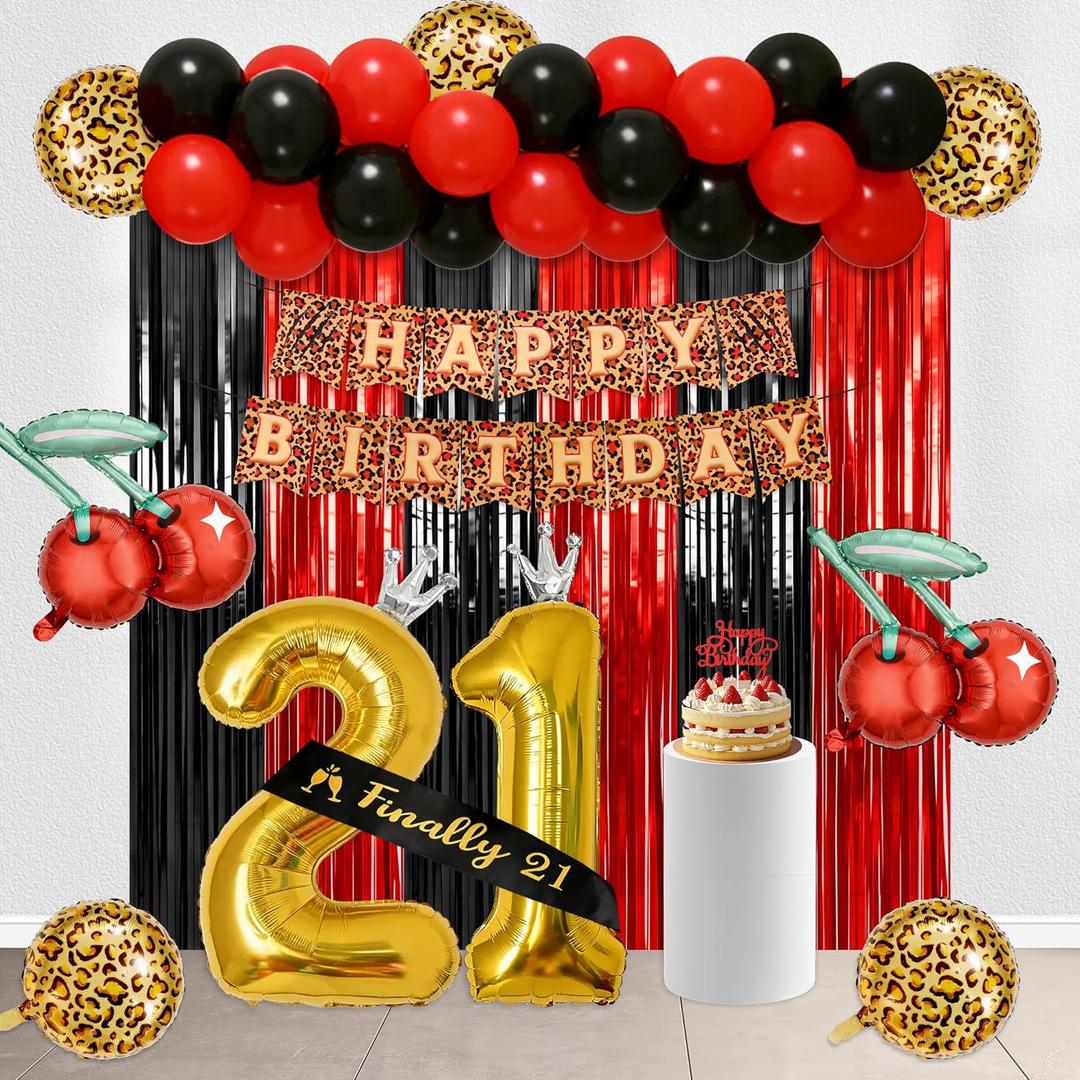Sweet & Spicy Leopard Print Birthday Balloon Set 21st Party Decor for Girls, Cherry Leopard Balloons, Banner, Sash & Cake Decorations, Sexy Stylish Setup for Girls and Women(YELLOW)