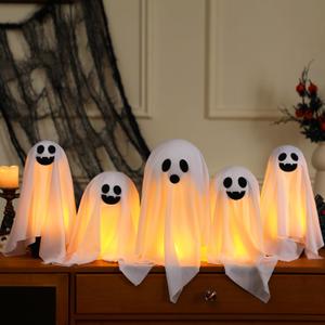 Set of 5 Halloween Ghost Decoration 14" 11" 9" Ghosts Table Centerpieces with LED Candles with Metal Stand Spooky Halloween Tabletop Crafts for Party Indoor Home Room Kitchen Office, 3 Sizes