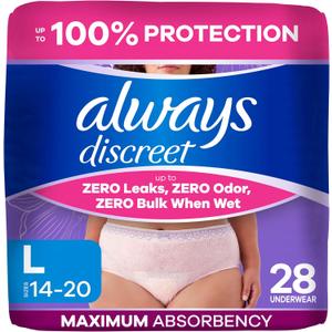 Always Discreet Adult Diapers for Women, Incontinence Underwear, Postpartum Essentials, Disposable Briefs, Max Absorbency, Bladder Leak Protection, Large, 28ct