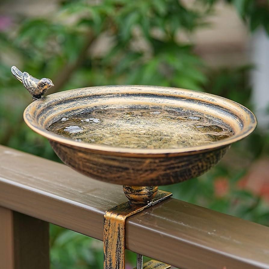 Metal Bird Bath 11" Diameter Deck Railing Bird Bath with Removable Sturdy Steel Clamp Outdoor Garden Decoration