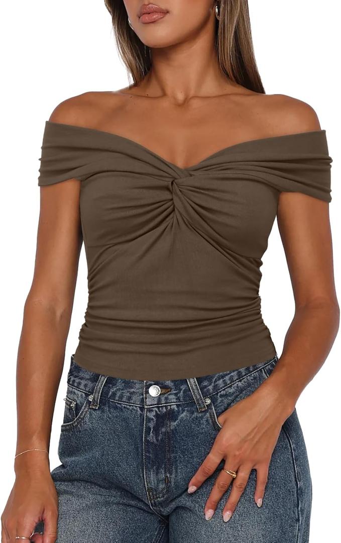 Darong Women Summer Twist Knot Front Off The Shoulder Tank Tops Cap Sleeve Going Out Shirts Slim Fitted Y2K Outfits (Small, Khaki) Darong Women Summer Twist Knot Front Off The Shoulder Tank Tops Cap Sleeve Going Out Shirts Slim Fitted Y2K Outfits (Small, Khaki)