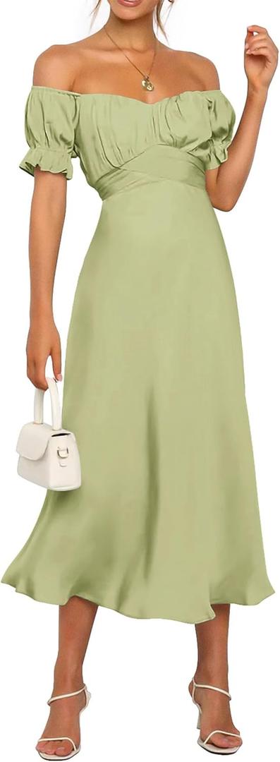 KIRUNDO Women's 2026 Spring Summer Satin Wedding Guest Midi Dress Off The Shoulder Wrap Party Cocktail Formal Prom Dresses (X-Large, Tender Green)