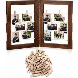 Geelin 14 x 20 Inch Photo Display Board with Clip Farmhouse Picture Display Wooden Rustic Freestanding Picture Collage Frame Wedding Tabletop Decor for Home Dorm (2 Panel, Brown)