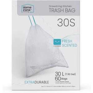 Home Zone Living 8 Gallon Kitchen Trash Bags with Drawstring Handles, Heavy Duty Custom Fit Design for Standard 30 Liter Kitchen Trash Cans, Code 30S, 60-Count