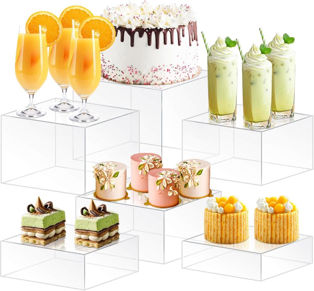 koretech 6Pcs Buffet Risers, Food Risers for Buffet Table, Acrylic Cube Display Risers with Hollow Bottom, Food Display Stand for Party Jewelry Dessert Figures (Size 5.5",6",6.5",7",7.5",8")