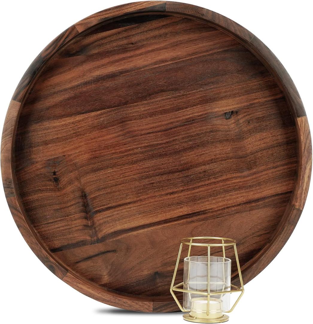 16 Inches Extra Large Round Black Walnut Wood Ottoman Tray with Handles, Serve Tea, Coffee or Breakfast in Bed, Classic Circular Wooden Decorative Serving Tray