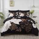 Yogeneg 7 Piece Bed in a Bag Queen Comforter Set Botanical Floral Bedding Set,White Flowers Leaves Printed on Black Reversible Design,Soft Microfiber Comforter with Sheet Set,All Season (Black Floral)