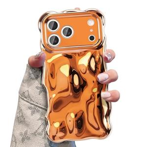 UEEBAI Ripple Case for iPhone 17 Pro Max, Cute Silver Cover Wave Shape for iPhone Case Pretty Aesthetic 3D Phone Cover, Water Ripple Shell 3D Chrome Design for Women and Girl, Silver Orange