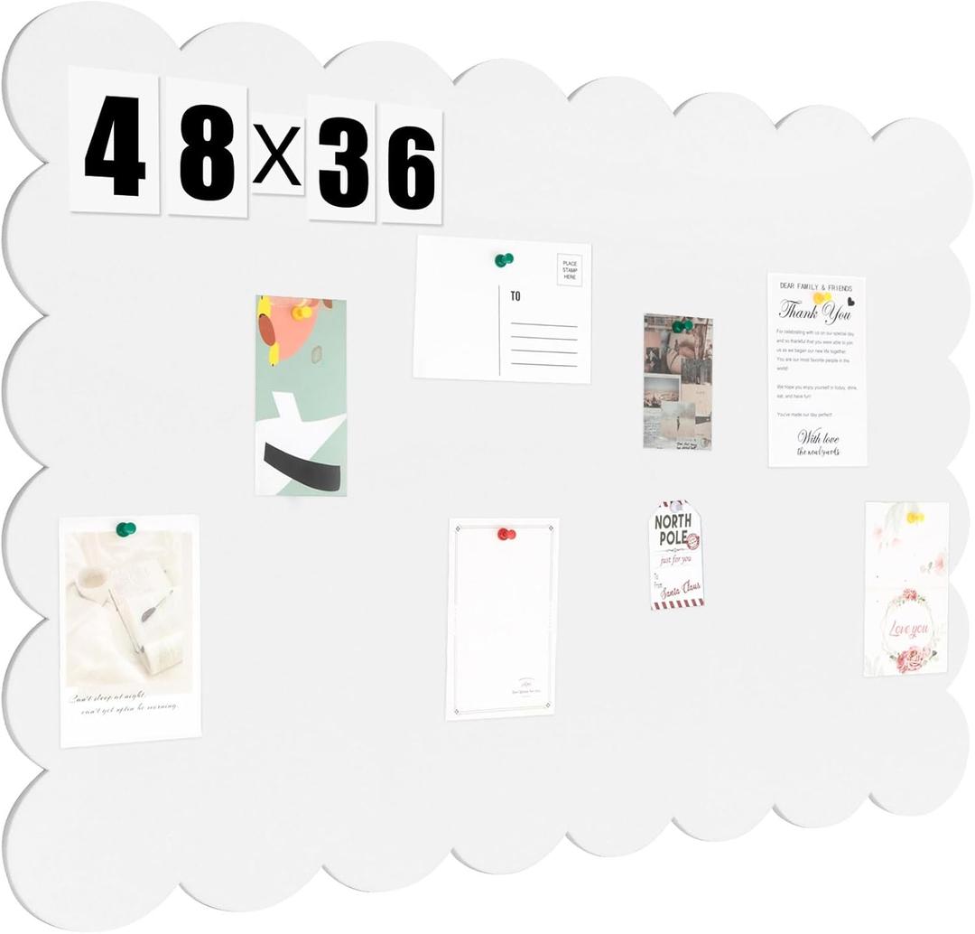 Scalloped Bulletin Board 48x36 inches, Decorative Felt Pin Board for Wall Cute Cork Board Alternative with Push Pins, Foldable Display Vision Board for Photos, Notes & Reminders,