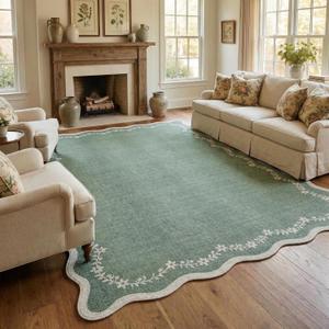GarveeHome 5x7 Scalloped Area Rug Sage Green Washable Rugs for Living Room Bedroom, Soft Low Pile Non Slip Accent Floor Mat Solid Floral Print Throw Rug Indoor Carpet for Dorm Playroom