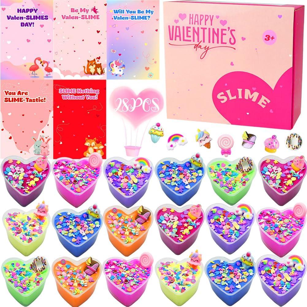 Valentines Day Clay Kit with Cards, 28 Pack Valentine Butter Slime, DIY Dough Toys for Kids Valentines Classroom Exchange Cards, Valentine's Party Favor Goodie Bag Stuffers