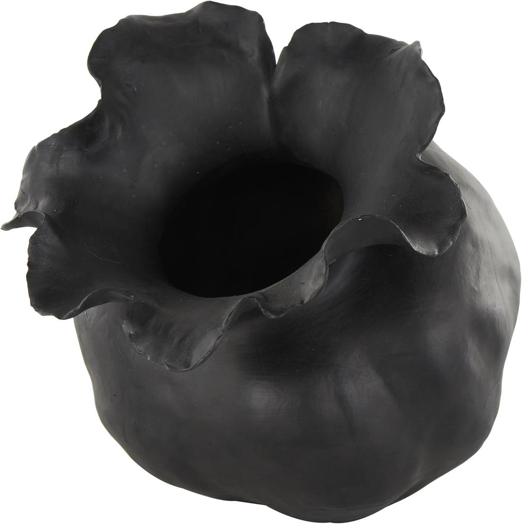 Deco 79 Ceramic Abstract Wide Rounded Floral Shaped Vase with Petal Rim, 8" x 10" x 9", Black