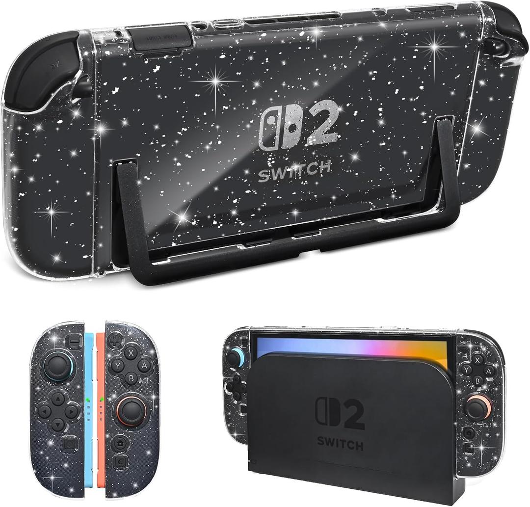 DLseego Protective Glitter Case Compatible for Nintendo Switch 2 Console(2025) - Hard Backplate with Bling Soft TPU Joycon Cover with Shock-Absorption and Anti-Scratch Design - Crystal