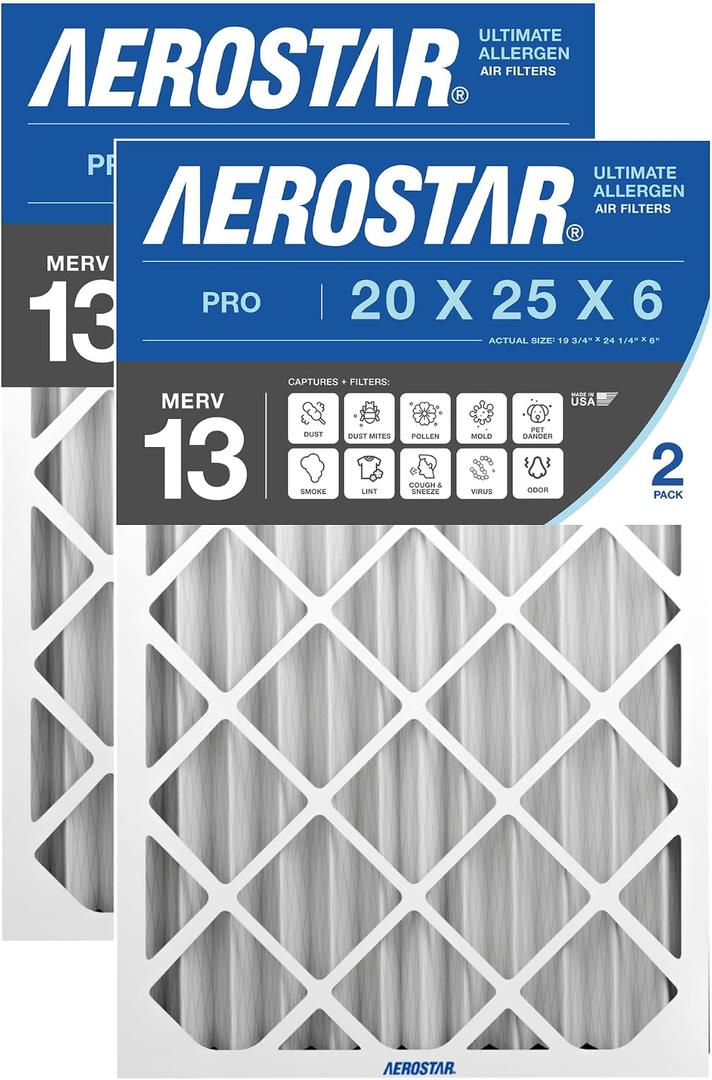 Aerostar Air Filter 20x25x6 MERV 13 AC Filter, HVAC, Furnace Filter, 2 Pack | ACTUAL SIZE (19.75 x 24.25 x 6.00) Fits Aprilaire 201, AC Filter, Furnace Filter Captures Dust, Lint & Pollen MERV 9