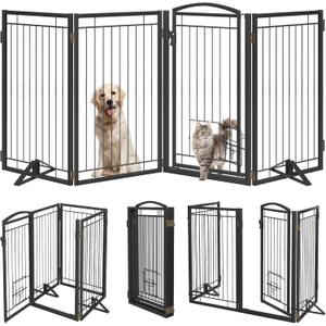 36" Tall Metal Freestanding Dog Gate with Cat Door for Indoor&Outdoor,80" Extra Wide Foldable Pet Gate,Foldable Indoor Dog Fence for Wide Openings Stairs,Deck,Yard,Doorways(4 Panels,Black)