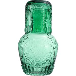 Retro Relief Glass Bedside Night Water Carafe with Tumbler Glass, Pitcher And Cup Night Set-Green