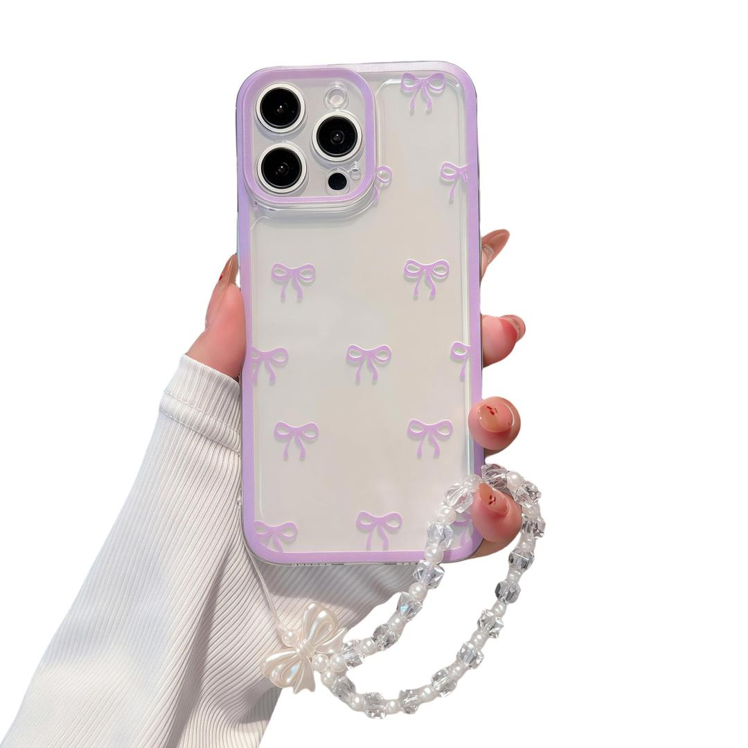 Pretaco for iPhone 16 Plus Case, [2-in-1 with Clear Beads Pearl Beaded Wristlet Bracelet] Cute Purple Bow Print, Suitable for Women & Girls