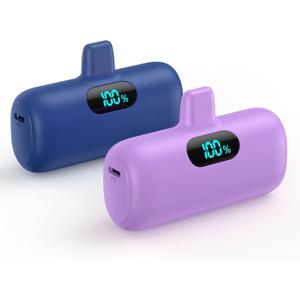 [2 Pack] Mini Portable Charger 5000mAh,Ultra-Compact 15W PD Fast Charging Power Bank,LCD Display Cute Battery Pack Backup Charger Compatible with iPhone 14/14 Pro Max/13/13 Pro/12/11/8-Blue+Purple