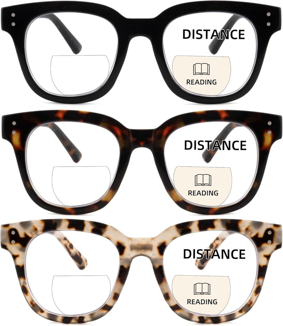 3 Pack Bifocal Reading Glasses For Women Clear Top Oversized Round Frame With Spring Hinge, 1.5X