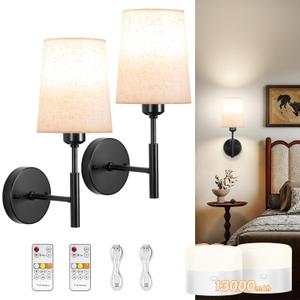 Wall Sconces Battery Operated, Battery Operated Wall Sconce with 13000mAh Magnetic Bulbs and Remotes, Rechargeable Wall Sconce Set of 2, Wireless Black Wall Lamp/Lights for Bedroom, Linen