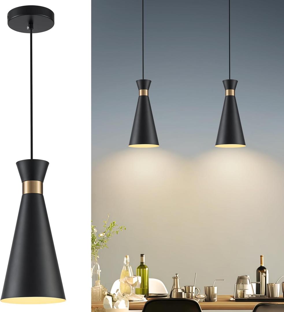 2025 New Small Black Pendant Lights Kitchen Island, Modern Industrial Island Lighting Fixtures 1 Pack with Gold, 1-Light Farmhouse Adjustable Hanging Light Fixtures for Bar Sink Bedroom Dining Room