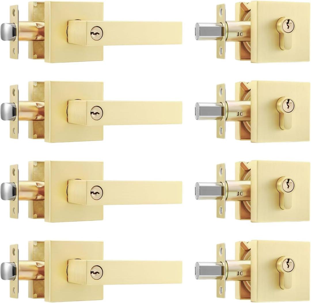 Leydebong 4 Pack Front Door Handle and Deadbolt Set Heavy Duty Entrance Lever Door Handle for Office and Front Door Gold Deadbolt and Door Knob Set Single Cylinder Deadbolt Lockset Keyed Alike (Satin Brass)